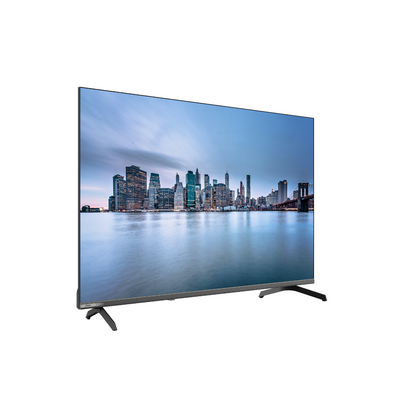 Angle view of the Chiq 43" QLED 4k Google TV, showing modern stand design, great viewing angle and picture quality.