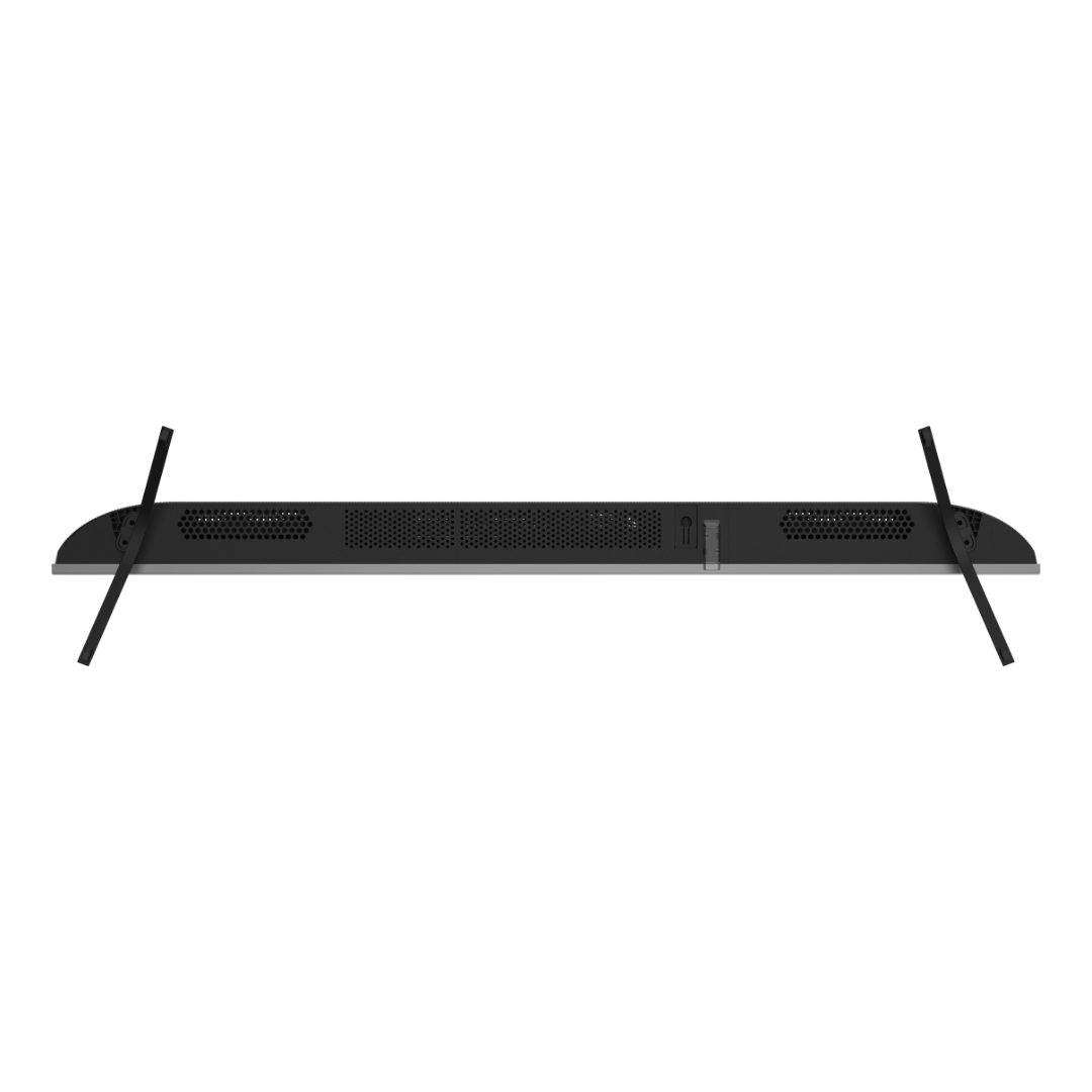 Bottom view of the Chiq 43"QLED 4k Google TV, showing a modern stand and durable construction. 