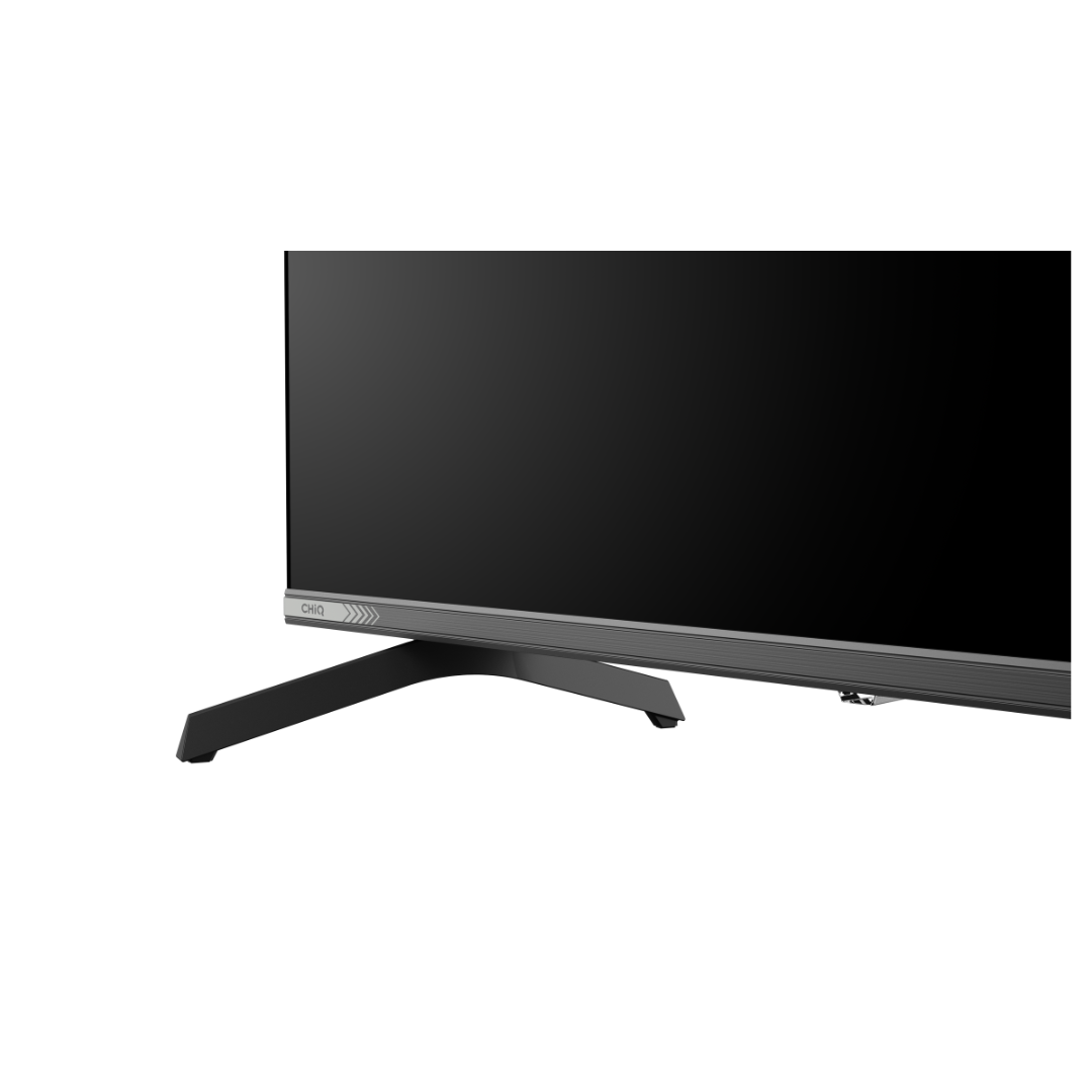 Close up view of the Chiq 43" QLED 4k Google TV corner, showing the sleek bezels, modern stand and durable construction.