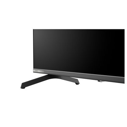 Close up view of the Chiq 43" QLED 4k Google TV corner, showing the sleek bezels, modern stand and durable construction.