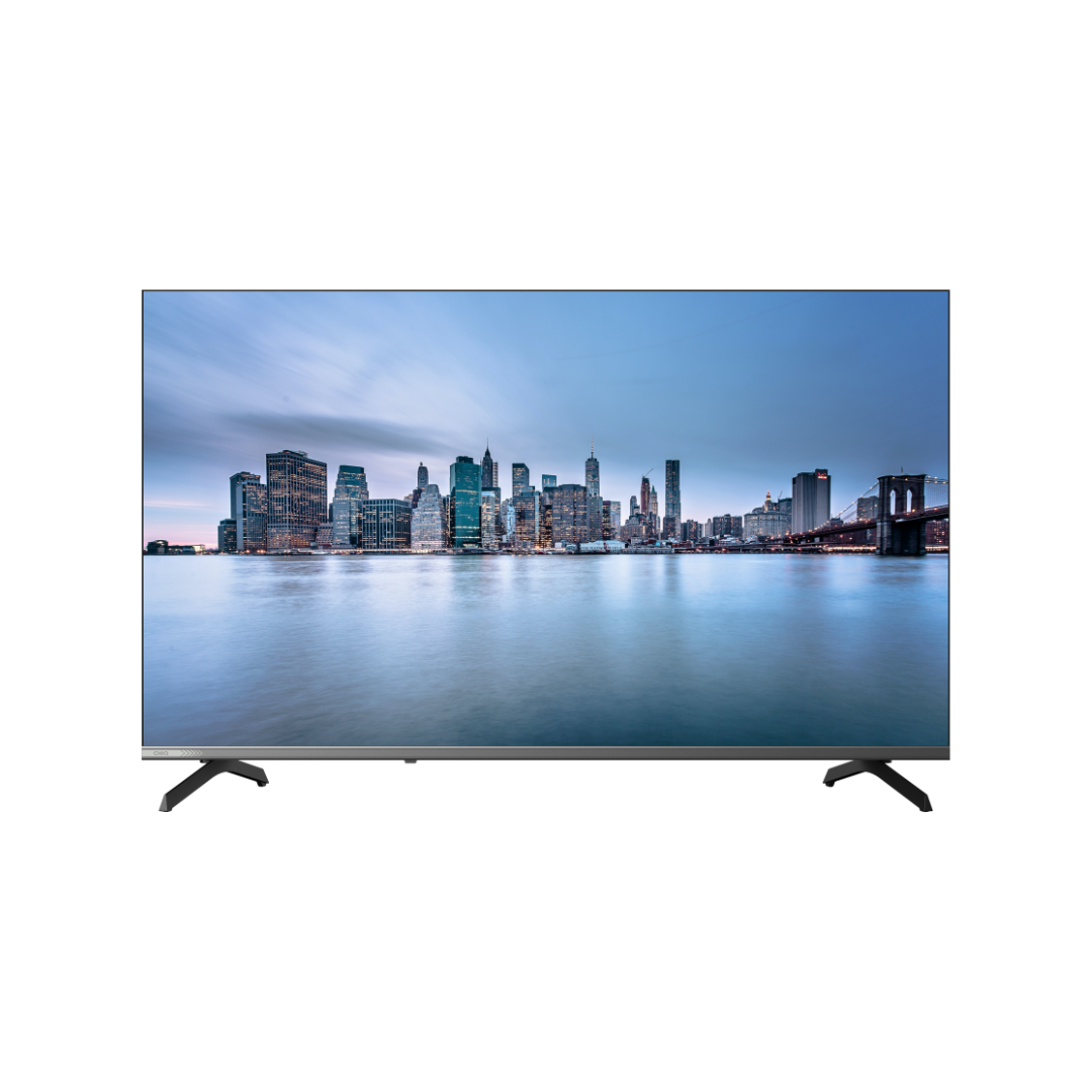 Front view of the Chiq 43" QLED 4k Google TV, showing the vivid colours with an image of city on water on display.