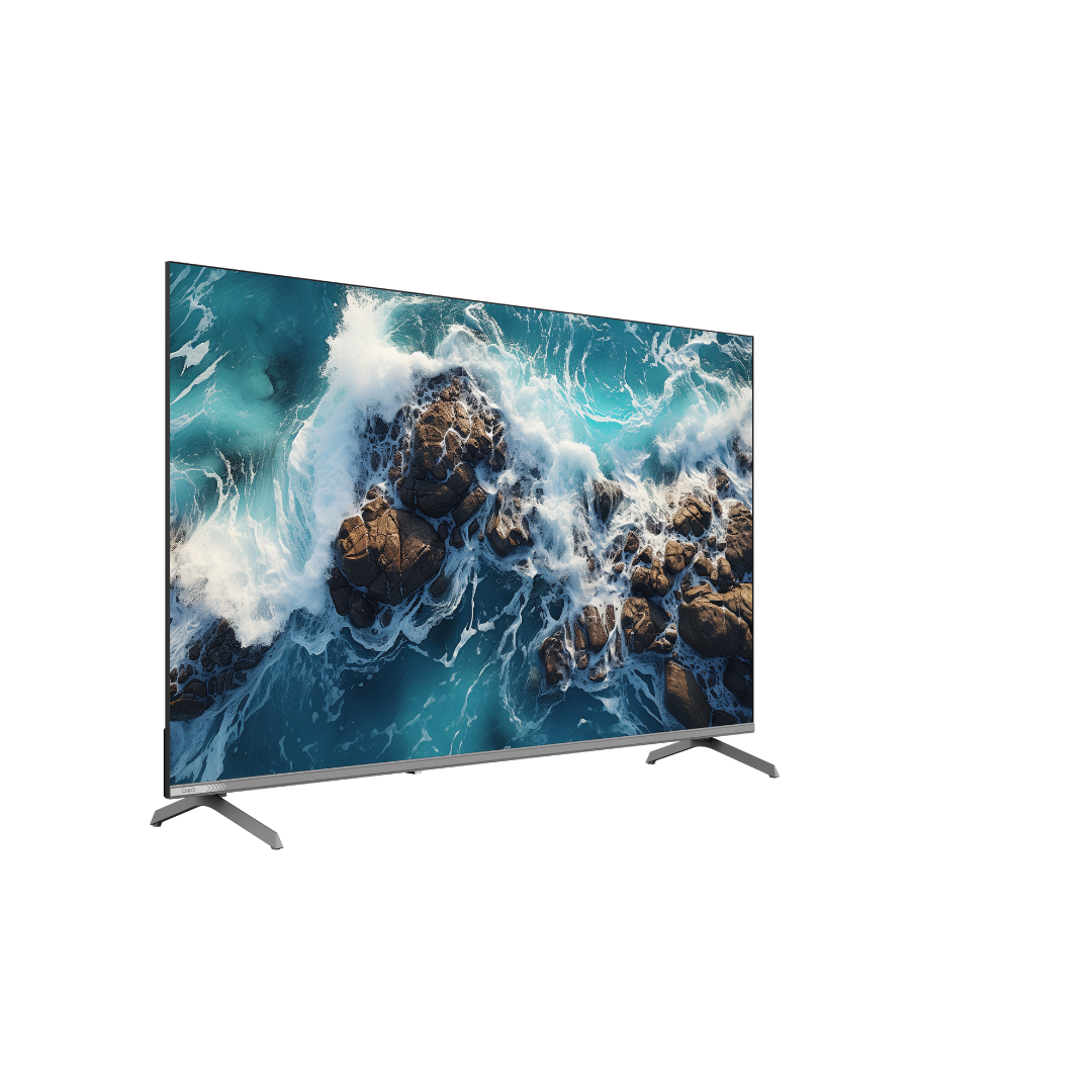 Angle view of the Chiq 50" QLED 4K Google TV showing the viewing angle and the vivid colours displayed.