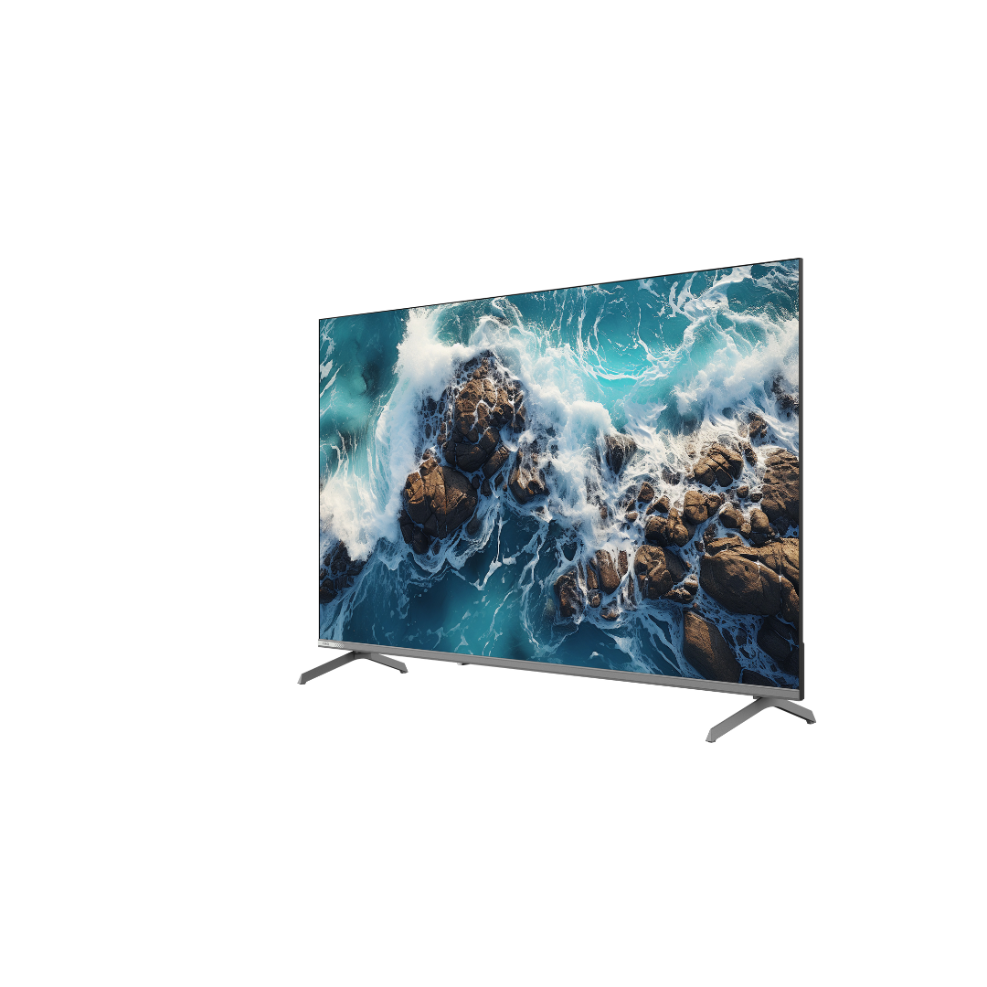 Angle view of the Chiq 50" 4K QLED 4K Google TV, showing the viewing angle and the vivid colours on display. 