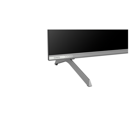 Close up view of the Chiq 50" QLED TV, showing the tv legs as well as the bezels.