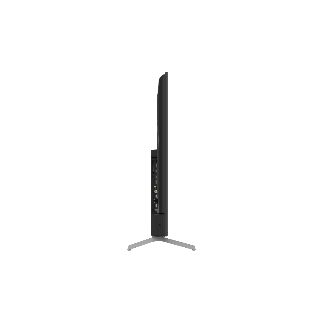 Side view of the Chiq 50" QLED 4K TV, showing the connection ports, depth of the tv and length of the legs.