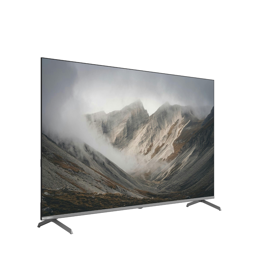 Angle view of the Chiq 65" QLED 4K Google TV, showing vivid colours and picture quality from and angle with a scenic mountain image displayed.
