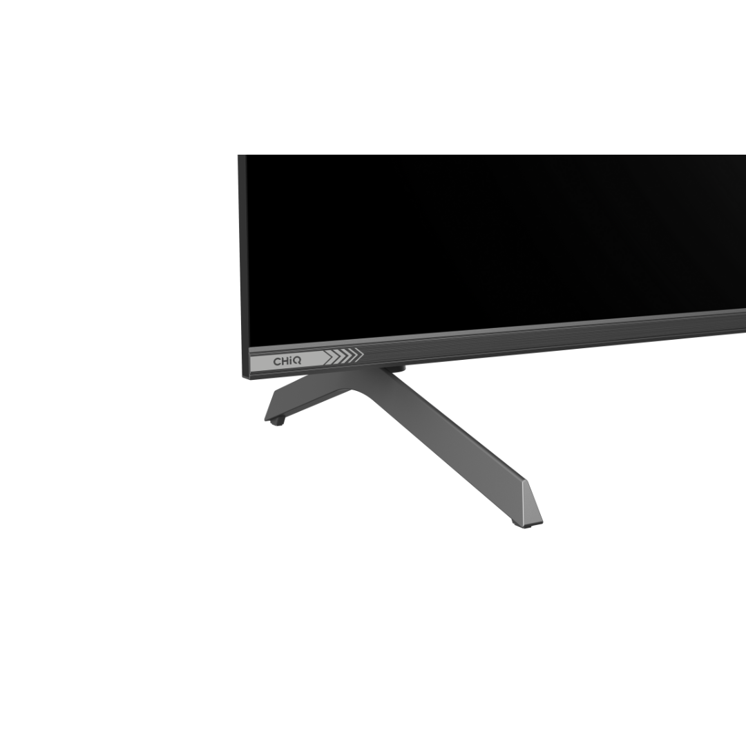 Close up view of the corner of the Chiq 65" QLED 4K Google TV, showing the TV legs and the corner bezels.