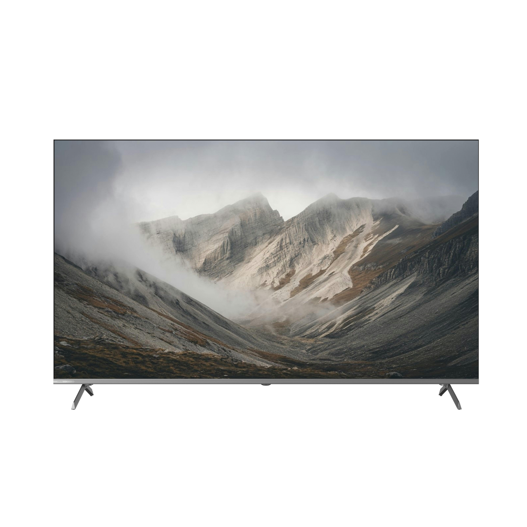 Front view of the Chiq 65" QLED 4K Google TV, showing vivid colours and clear picture quality with a scenic mountain image on display. 