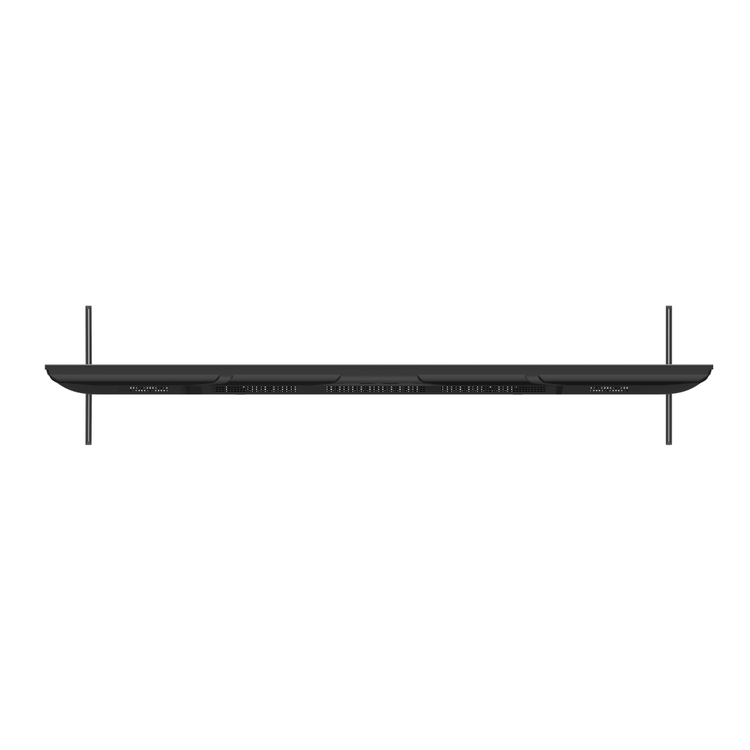 Top view of the Chiq 65" QLED 4K Google TV, showing the thickness of the  screen and the length of the legs. 