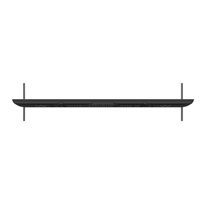 Top view of the Chiq 65" QLED 4K Google TV, showing the thickness of the  screen and the length of the legs. 