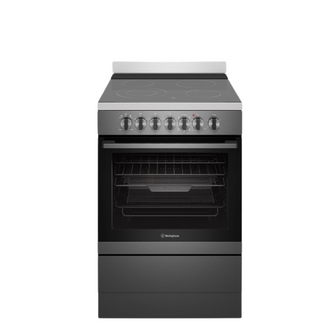 Front view of the Westinghouse 60cm Electric freestanding oven in dark stainless steel with the oven door closed, showing the control knobs.