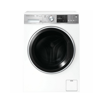 Front view of the Fisher & Paykel 11kg front load washing in a white finish with the door closed, showing the digital display, control knob, and detergent dispenser on the top panel.
