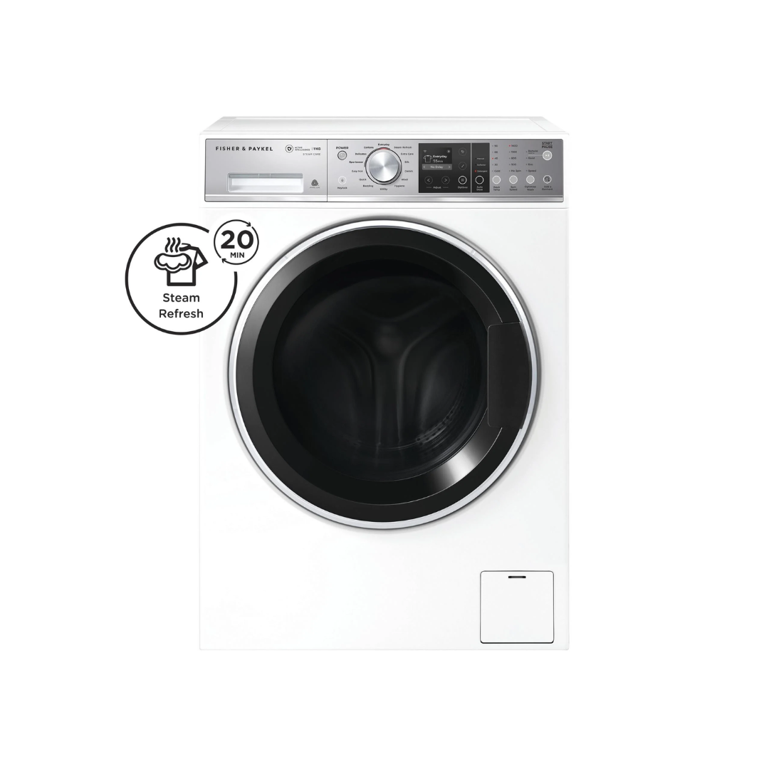 Front view of the Fisher & Paykel 11kg front load washing machine with the door closed, showing the top control panel, with a digital display, control knob and detergent dispenser, with a 20 minute steam refresh function call out. 