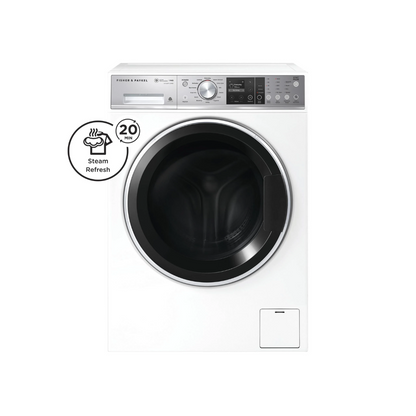 Front view of the Fisher & Paykel 11kg front load washing machine with the door closed, showing the top control panel, with a digital display, control knob and detergent dispenser, with a 20 minute steam refresh function call out. 