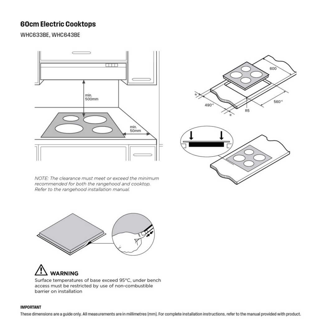 Angled view of the Westinghouse 60cm 4 zone ceramic cooktop dimensions.