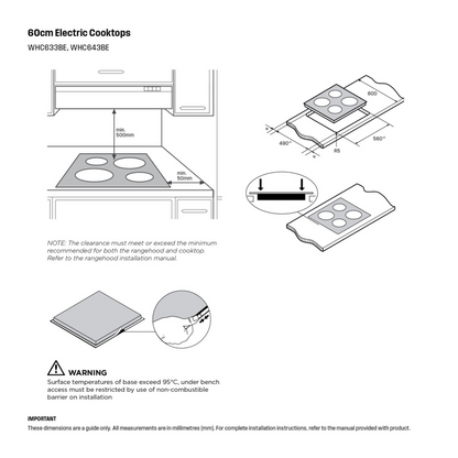 Angled view of the Westinghouse 60cm 4 zone ceramic cooktop dimensions.