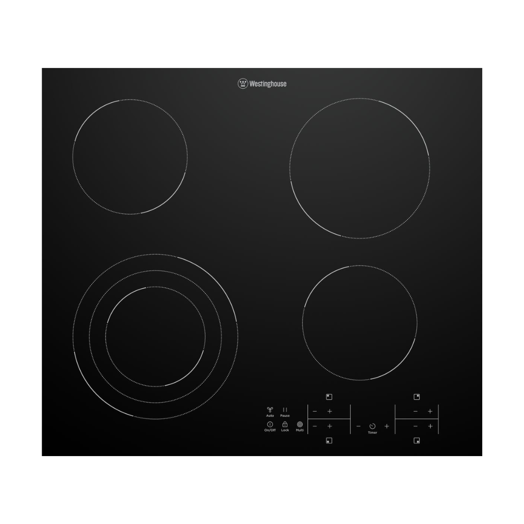 Front view of the Westinghouse 60cm 4 zone ceramic cooktop, showing the 4 cook zones and the touch controls. 