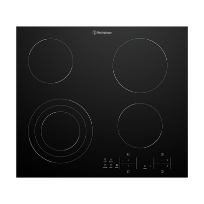 Front view of the Westinghouse 60cm 4 zone ceramic cooktop, showing the 4 cook zones and the touch controls. 