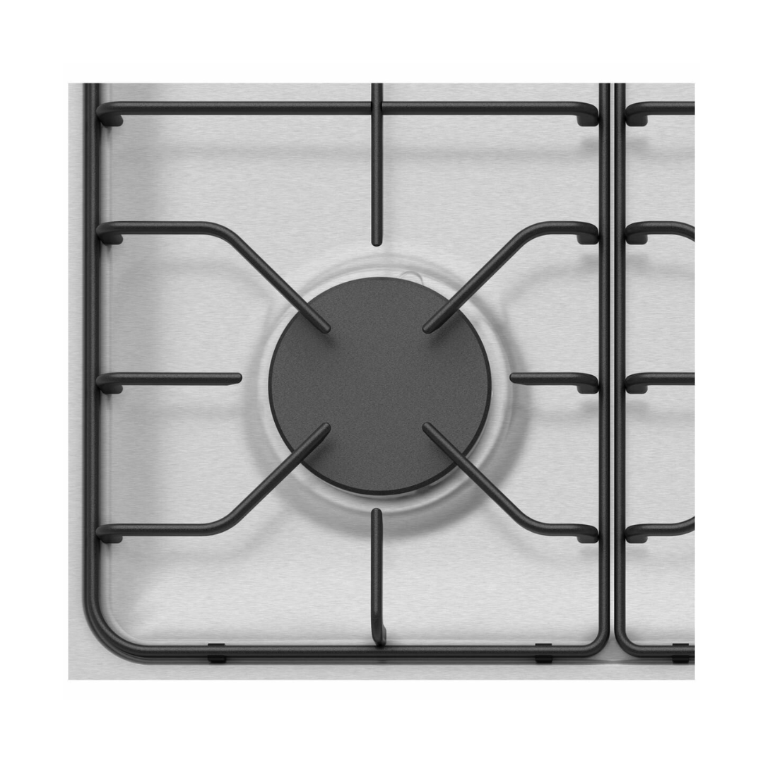 Close up view of the Westinghouse 60cm gas cooktop in a stainless steel finish burners and trivets.