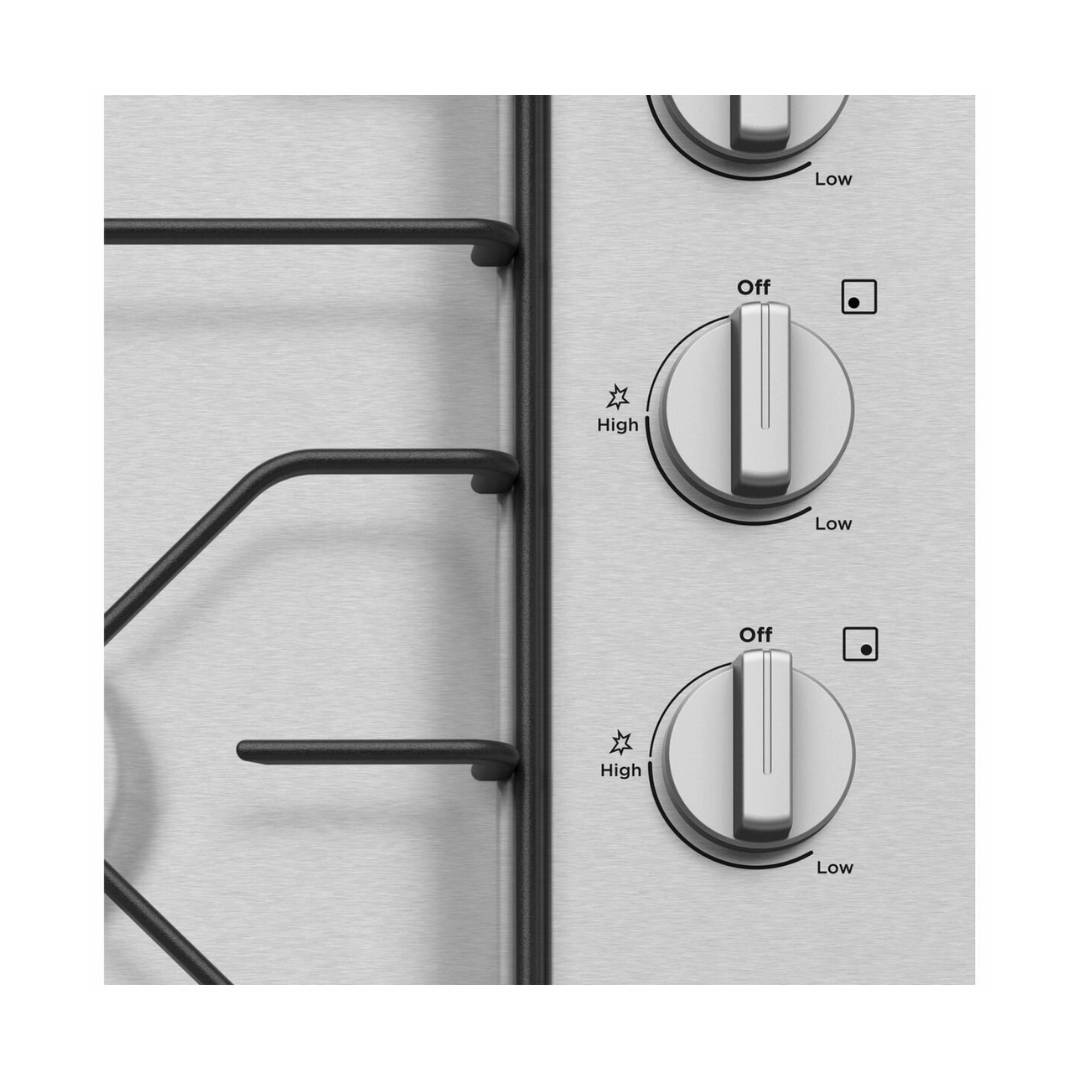 Close up view of the Westinghouse 60cm Gas cooktop in a stainless steel finish control knobs 