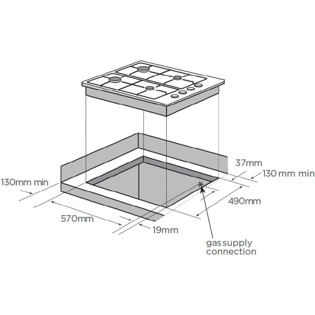 Angled view of the Westinghouse 60cm gas cooktop dimensions.