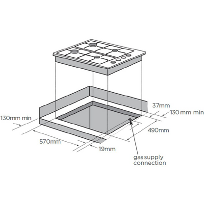 Angled view of the Westinghouse 60cm gas cooktop dimensions.