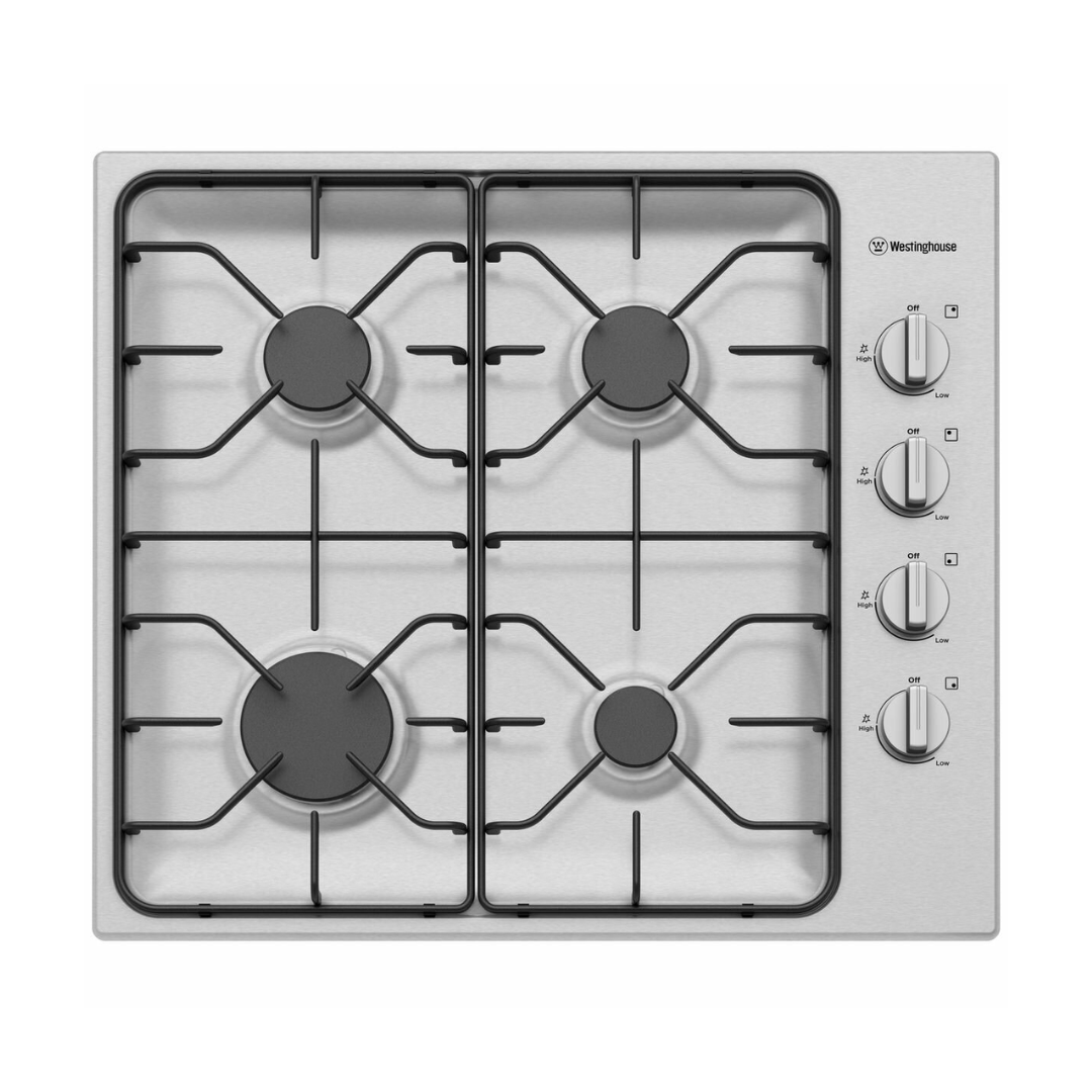Front view of the Westinghouse 60cm gas cooktop in a stainless steel finish, showing the 4 zone burners, trivets and control knobs.