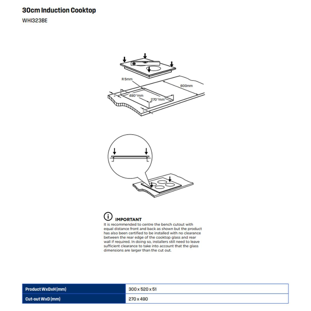 Angled view of the Westinghouse 30cm 2 zone induction cooktop dimensions.