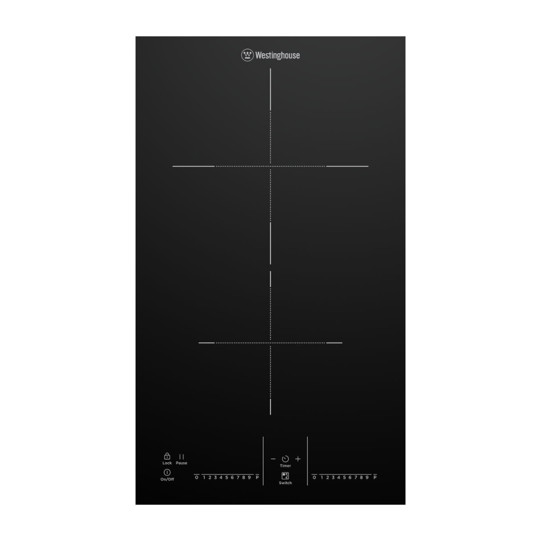 Front view of the Westinghouse 30cm 2 zone induction cooktop, showing the 2 cooking zones and the touch & slide controls.