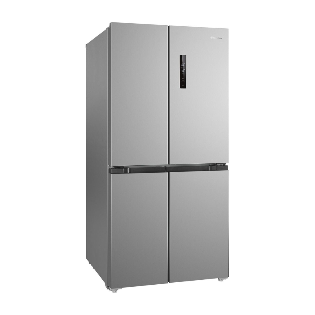 An angled view of the Westinghouse 496L French Door Fridge, with all doors closed and the left side panel visible.