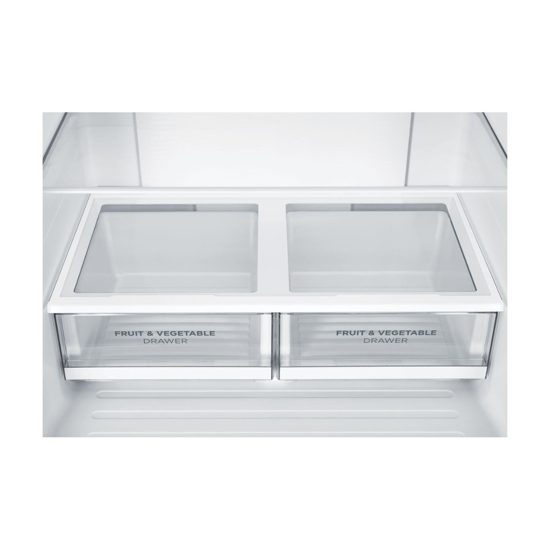 A close up view of the two "fruit & vegetable" drawers in the Westinghouse 496L French Door Fridge with a shelf for storage above the draws as well as another glass shelf above that.