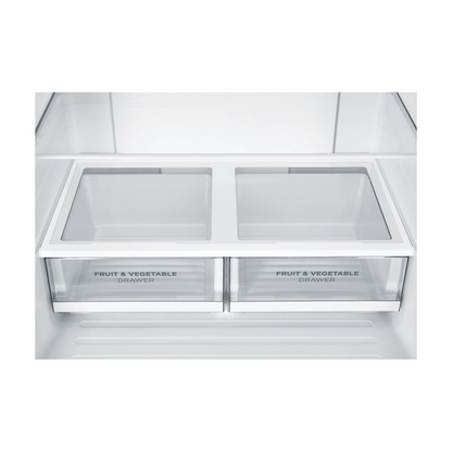 A close up view of the two "fruit & vegetable" drawers in the Westinghouse 496L French Door Fridge with a shelf for storage above the draws as well as another glass shelf above that.