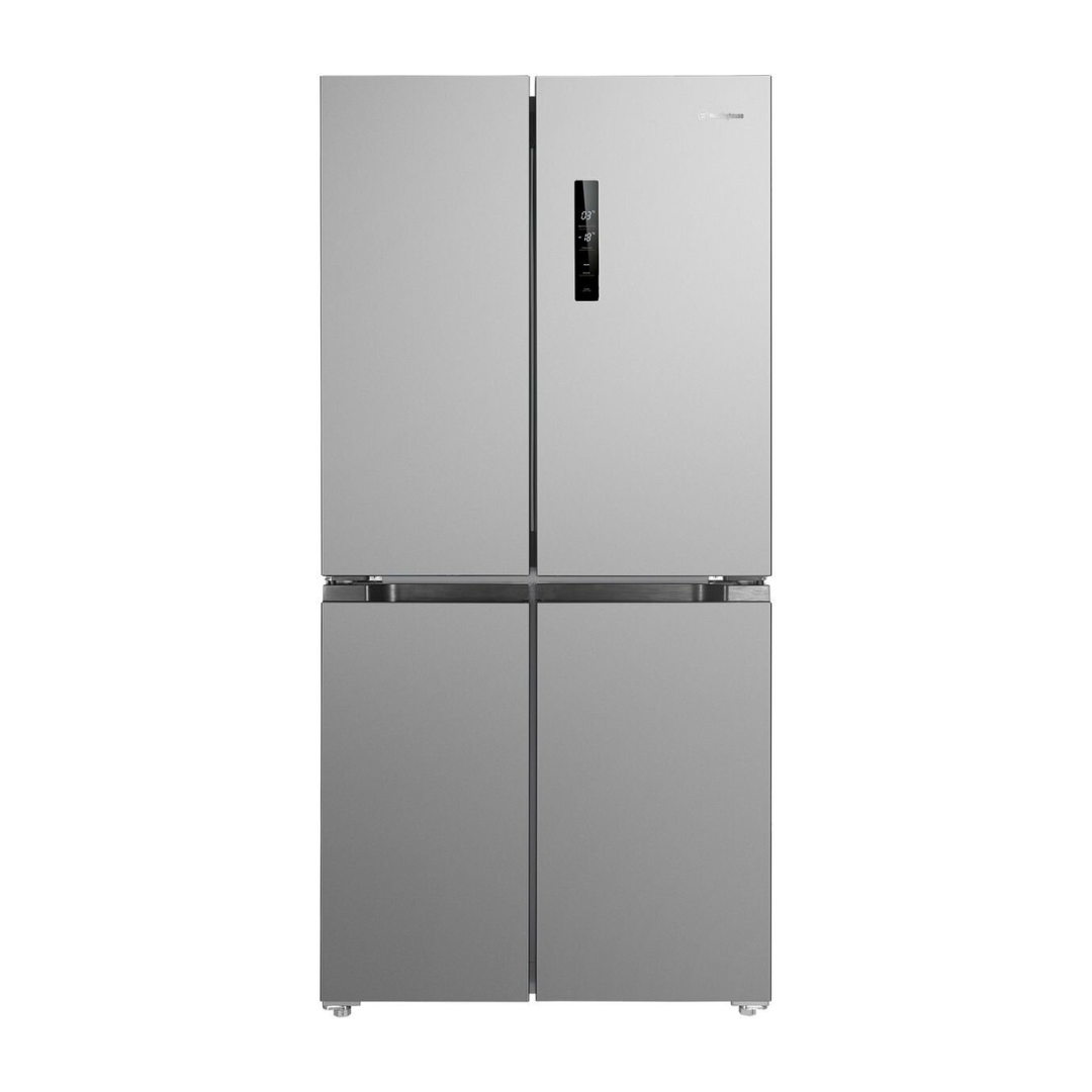Front view of a 496L Westinghouse French Door Fridge in a Stainless Steel finish. All doors are shut and there is an electronic control panel with a digital display on the top left door