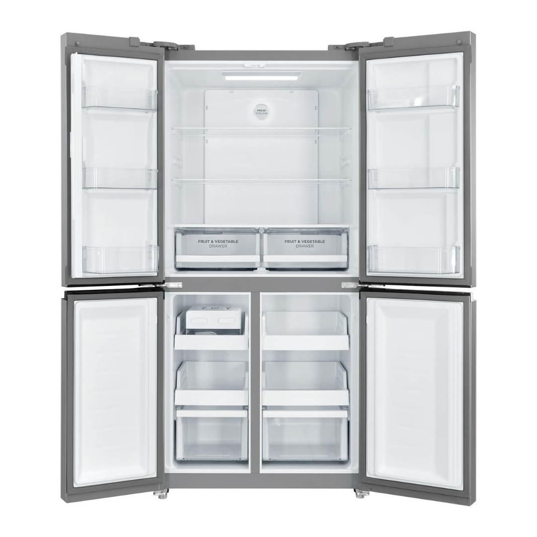 Front view of a Westinghouse 496L French Door Fridge with all compartments open. The top includes shelves for fresh food clearly labelled "fresh cooling" with storage on both doors as well as two clearly labelled "Fruit & Vegetable" drawers. The bottom includes freezer draws as well as a compartment for ice.