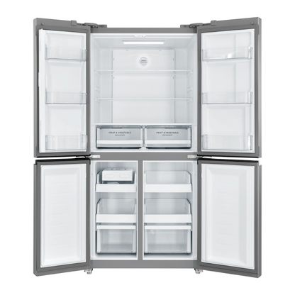Front view of a Westinghouse 496L French Door Fridge with all compartments open. The top includes shelves for fresh food clearly labelled "fresh cooling" with storage on both doors as well as two clearly labelled "Fruit & Vegetable" drawers. The bottom includes freezer draws as well as a compartment for ice.