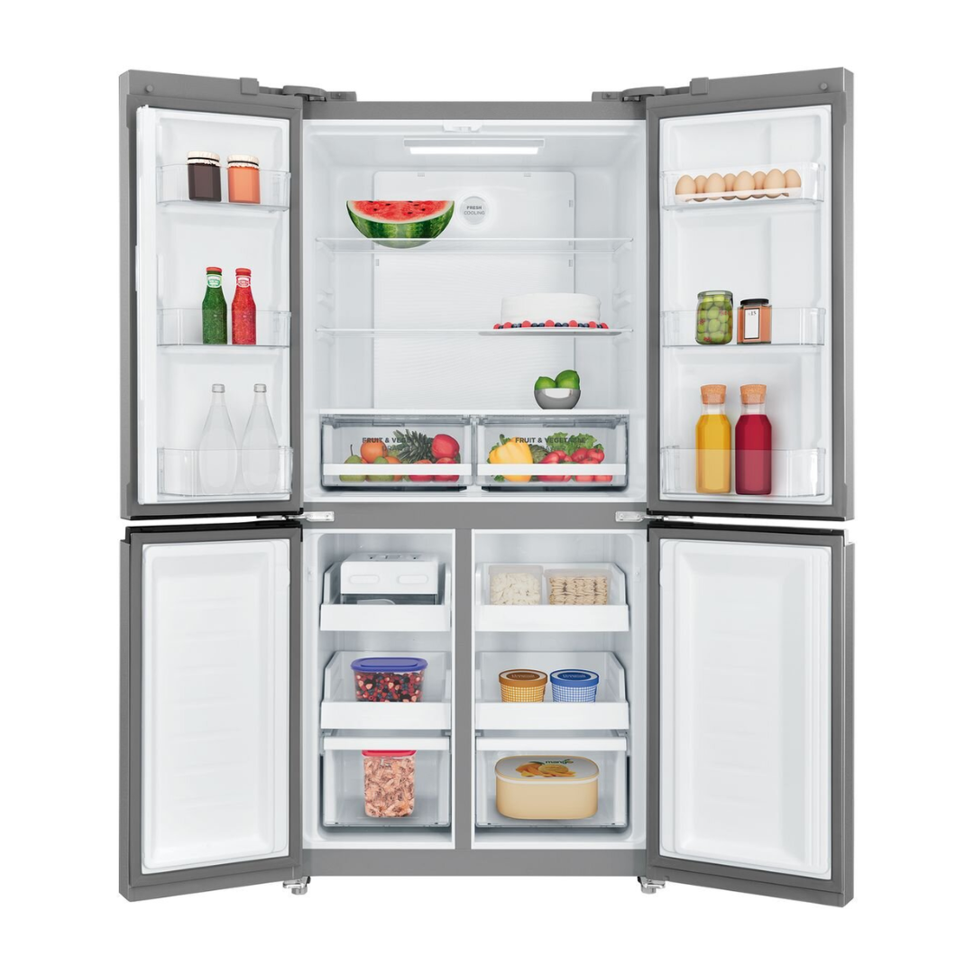 Front view of a Westinghouse 496L French Door Fridge with all compartment open, showcasing a well organised interior. The top section includes shelves with fresh food items such as watermelon, cake, eggs and drinks, along with dual crisper drawers filled with fruits and vegetables. The lower freezer draws display frozen goods including packaged items, berries, and containers. The interior is brightly lit and labeled clearly offering a spacious and efficient layout. 