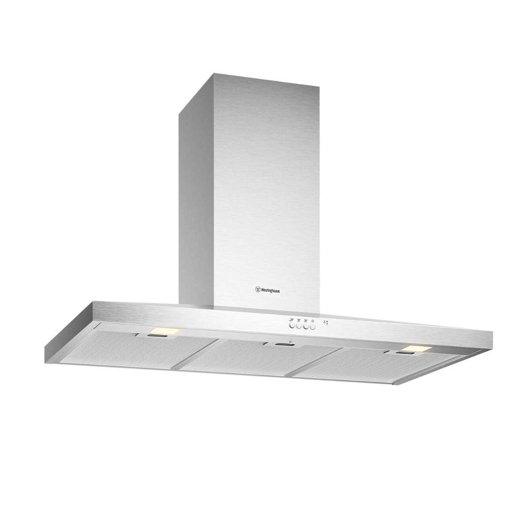Angled view of the Westinghouse 90cm canopy rangehood in a stainless steel finish.