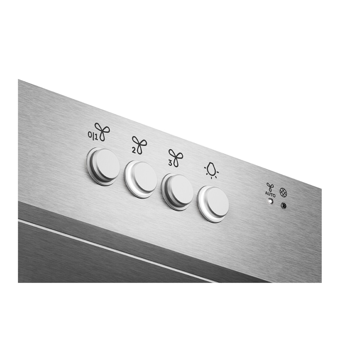 Angled close up view of the Westinghouse 90cm canopy rangehood push button controls.