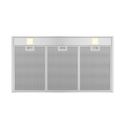 Close up view of the Westinghouse 90cm canopy rangehood filters and LED lights.