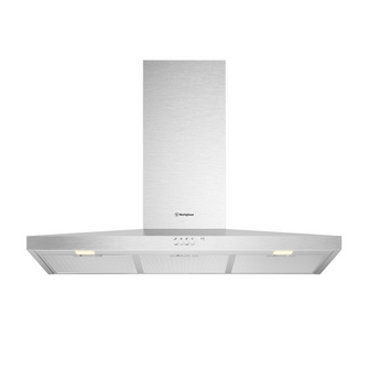 Front view of the Westinghouse 90cm canopy rangehood in a stainless steel finish showing it's filters, LED lights and push button controls.