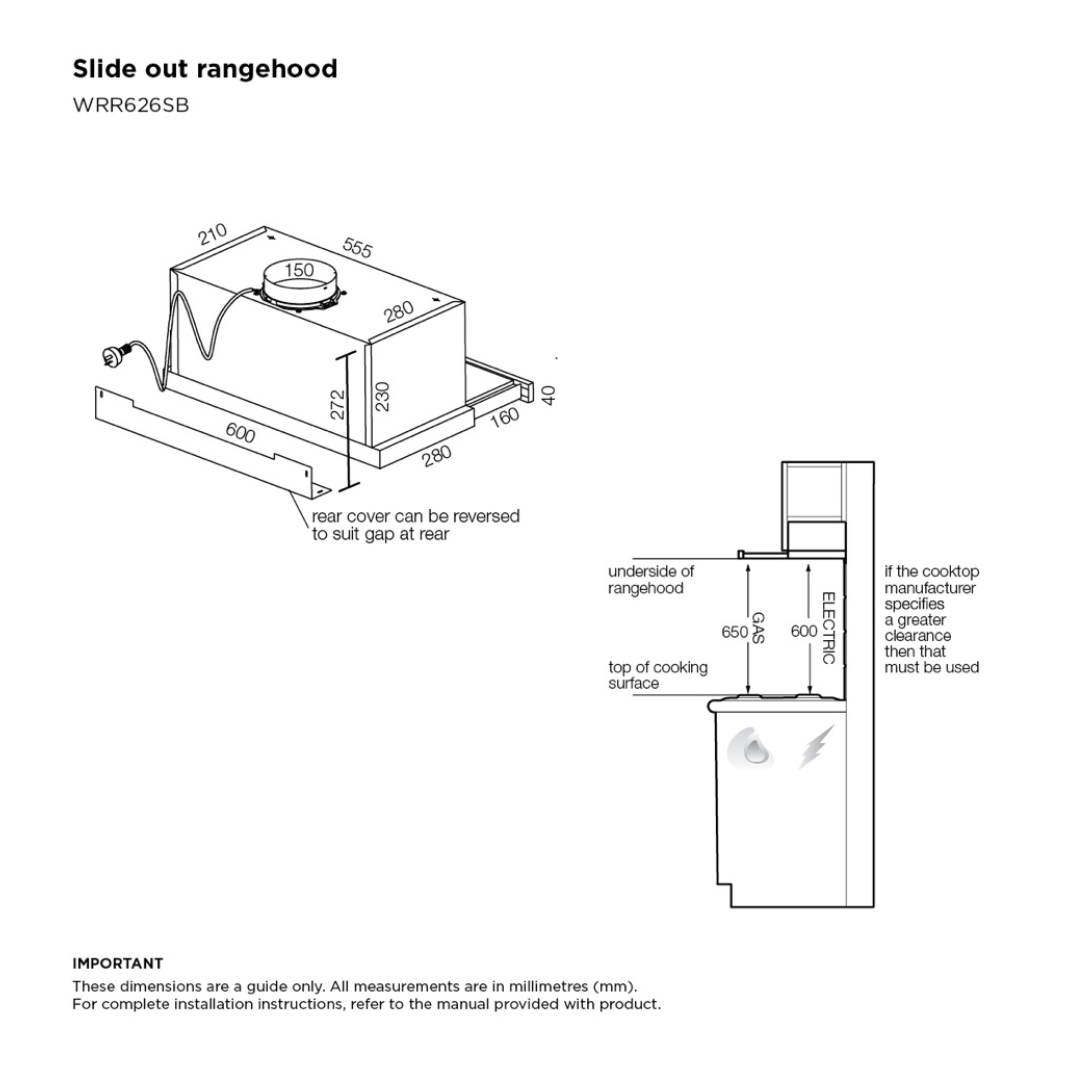 Angled view of the Westinghouse 60cm slideout rangehood dimensions.