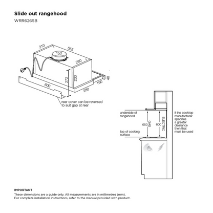 Angled view of the Westinghouse 60cm slideout rangehood dimensions.