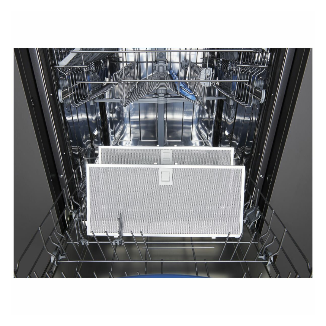Close up view of the Westinghouse 60cm slideout rangehood filters in a dishwasher, showing dishwasher safe filters.