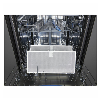 Close up view of the Westinghouse 60cm slideout rangehood filters in a dishwasher, showing dishwasher safe filters.