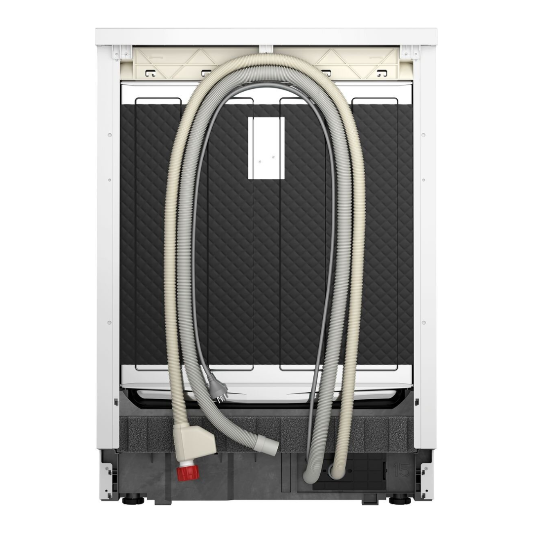 Back view of the Westinghouse 60cm freestanding dishwasher, showing the power cable, water inlet and water drainage hoses.