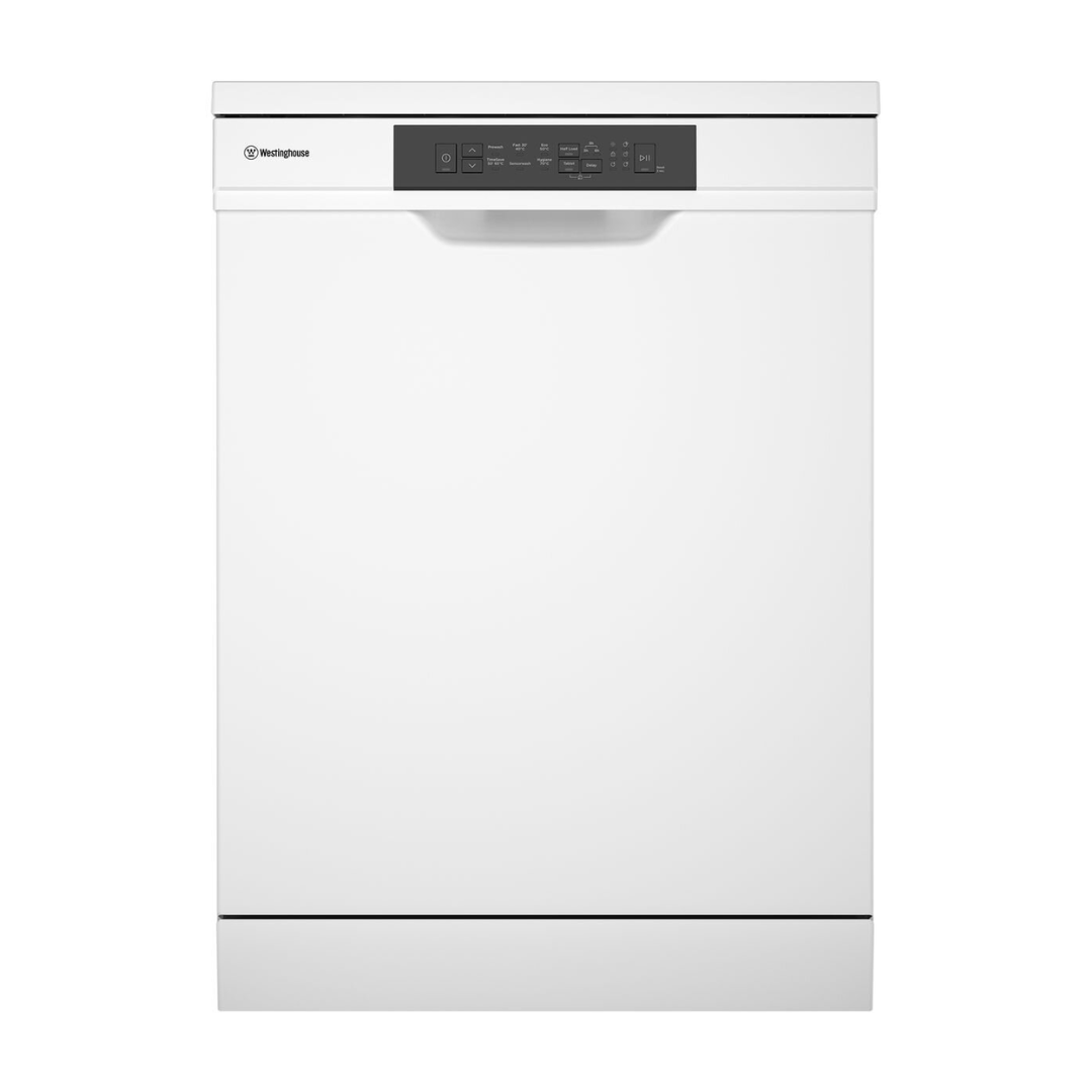 Front view of the Westinghouse 60cm freestanding dishwasher in white with the door closed showing the black control panel with touch buttons.