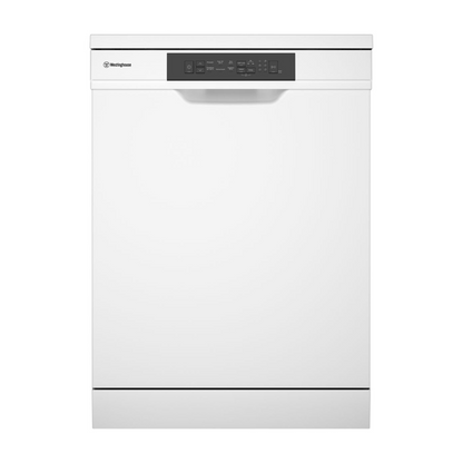 Front view of the Westinghouse 60cm freestanding dishwasher in white with the door closed showing the black control panel with touch buttons.