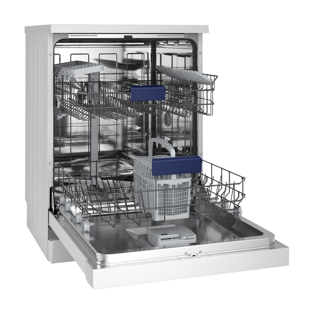 Angled view of the Westinghouse 60cm freestanding dishwasher with the door open showing the top bottom and cutlery baskets empty.