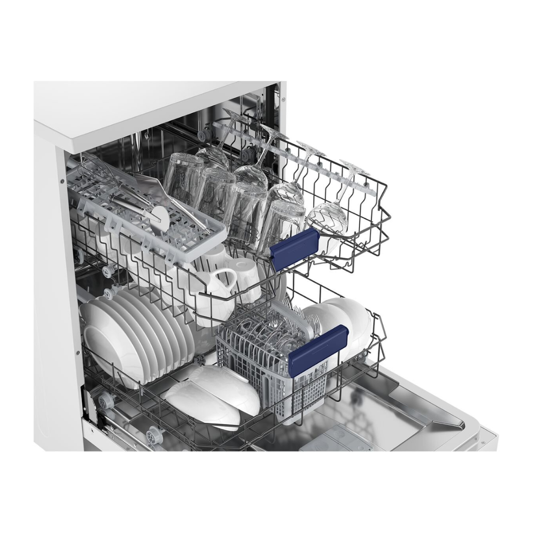 Angled view of the Westinghouse 60cm freestanding dishwasher in white with the door open, showing the top bottom and cutlery baskets at full capacity.