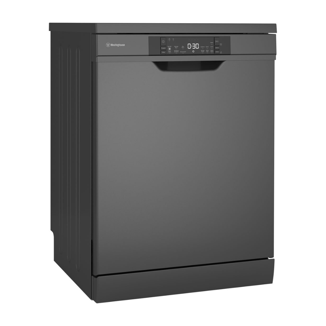Angled view of the Westinghouse 60cm freestanding dishwasher in dark stainless steel.